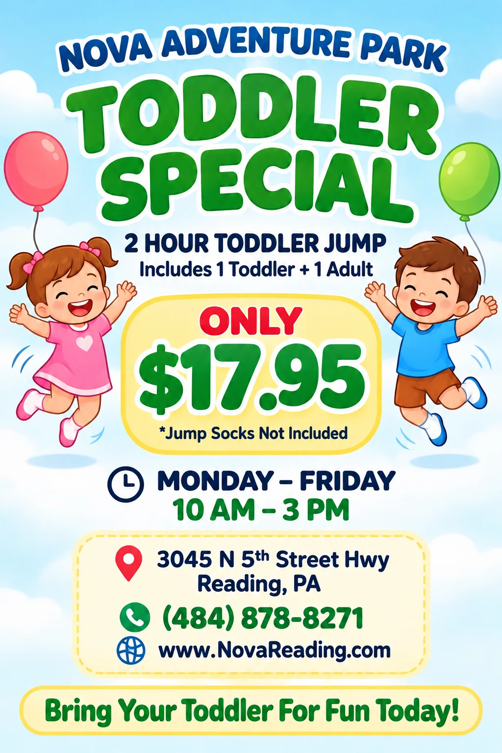 Toddler Special at Nova Adventure Park Reading: only $17.95 for a 2 hour toddler jump, includes 1 toddler and 1 adult, Monday to Friday 10 AM to 3 PM. Jump socks not included. 3045 N 5th Street Hwy, Reading, PA, (484) 878-8271.